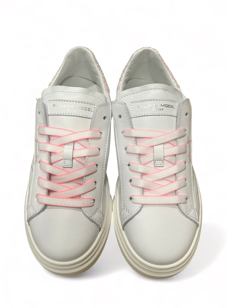 SNEAKERS PHILIPPE MODEL junior TEMPLE in pelle bianca e glitter rosa