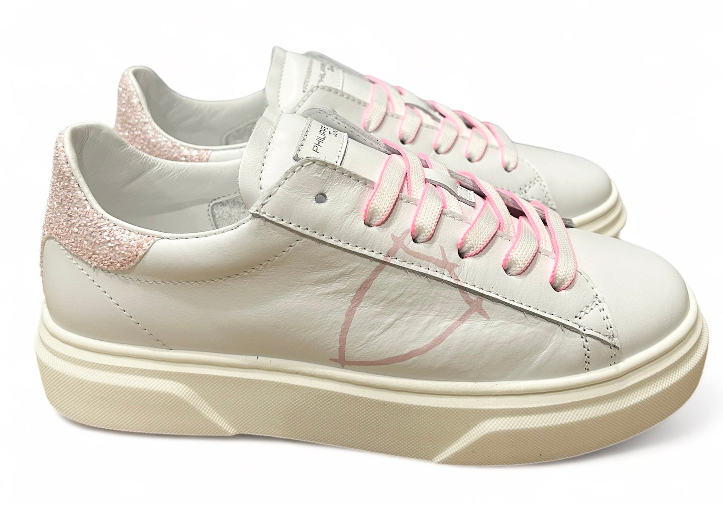 SNEAKERS PHILIPPE MODEL junior TEMPLE in pelle bianca e glitter rosa