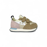 Sneakers ginniche SUN68 First Step girl in suede e nylon beige/dettagli rosa con velcro