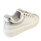 SNEAKERS BALOCCHI in pelle bianca e argento, strass con lacci e zip laterale