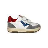 Sneakers 2B12 in pelle bianca e suede grigio, dettagli rosso e blu con velcri