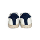 Sneakers primi passi LESCOUCOU in pelle bianca e suede blu con velcri