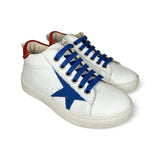 Sneaker LESCOUCOU in pelle bianca/bluette e suede rosso con lacci e zip laterale