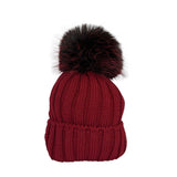 Cappello bordeaux GIO HIGUAMY a coste misto lana con pompon in volpe ecologica