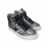 Sneaker DIANETTI  mod basket mid in pelle metallizzata antracite e glitter nero con lacci e zip laterale