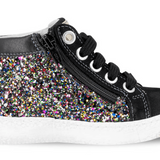 SNEAKERS BALOCCHI mid in pelle e nubuk nero, glitter multicolors con lacci e zip laterale