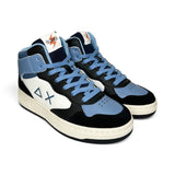 Sneakers SUN68 teen boy basket in pelle nero/bianco/azzurro con lacci