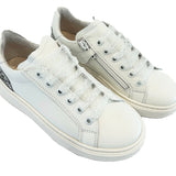 SNEAKERS DIANETTI  in pelle bianca glitter argento con lacci in tulle e zip laterale