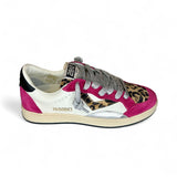 SNEAKERS 2B12 in pelle bianca e suede fuxia, dettagli in suede maculato con lacci