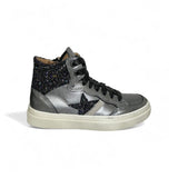 Sneaker DIANETTI  mod basket mid in pelle metallizzata antracite e glitter nero con lacci e zip laterale