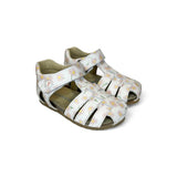 Sandali Primi Passi semi chiusi FALCOTTO in pelle bianca/stampa margherite con velcro