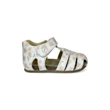 Sandali Primi Passi semi chiusi FALCOTTO in pelle bianca/stampa margherite con velcro