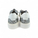 SNEAKERS DIANETTI  in pelle bianca glitter argento con lacci in tulle e zip laterale