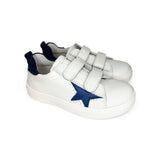 Sneakers primi passi LESCOUCOU in pelle bianca e suede blu navy con velcri