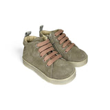 Sneakers primi passi FALCOTTO in suede taupe con lacci rosa e zip laterale