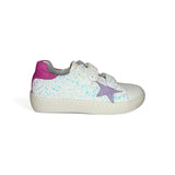 Sneakers primi passi LESCOUCOU pelle bianca e glitter con velcri