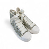 Sneakers DXO mid in glitter platino con lacci in raso e zip laterale