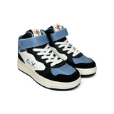 Sneakers SUN68 boy basket in pelle nero/bianco/azzurro con velcro e lacci elastici
