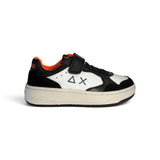 Sneakers SUN68 basket boy in eco pelle bianco/nero con velcro e lacci elastici