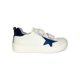 Sneakers primi passi LESCOUCOU in pelle bianca e suede blu navy con velcri