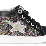 SNEAKERS BALOCCHI mid in pelle e nubuk nero, glitter multicolors con lacci e zip laterale