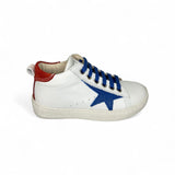 Sneaker LESCOUCOU in pelle bianca/bluette e suede rosso con lacci e zip laterale