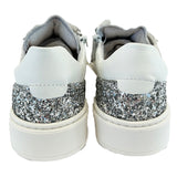 SNEAKERS DIANETTI  in pelle bianca glitter argento con lacci in tulle e zip laterale