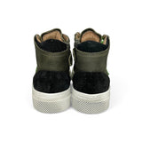 Sneaker DIANETTI  mod basket mid in nubuk verde militare/suede nero e verde fluo con lacci e zip laterale