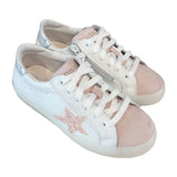 Sneakers DIANETTI in pelle bianca, suede rosa, dettagli glitter rosa, lacci e zip laterale