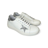 Sneakers LESCOCOU in pelle bianca e glitter argento con lacci e cerniera