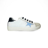 Sneakers LESCOCOU in pelle bianca/ blu navy e suede beige con lacci e cerniera