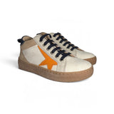 Sneakers LESCOUCOU in pelle panna/arancio/blu e suede beige con lacci e zip laterale