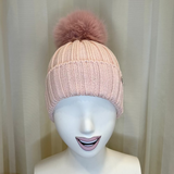 Cappello rosa GIO HIGUAMY misto lana a coste con pompon in volpe ecologica
