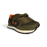 Sneakers ginniche SUN68 boy in suede e nylon verde militare con velcri o velcro e lacci alastici