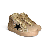 Sneaker DIANETTI mid in pelle, suede e glitter oro con lacci e zip laterale