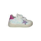 Sneakers primi passi LESCOUCOU pelle bianca e glitter con velcri