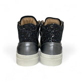 Sneaker DIANETTI  mod basket mid in pelle metallizzata antracite e glitter nero con lacci e zip laterale