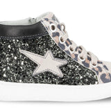 SNEAKERS BALOCCHI mid in pelle e nubuk beige-nero, glitter neri con lacci e zip laterale