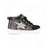 SNEAKERS BALOCCHI mid in pelle e nubuk nero, glitter multicolors con lacci e zip laterale