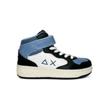 Sneakers SUN68 boy basket in pelle nero/bianco/azzurro con velcro e lacci elastici