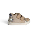Sneakers primi passi BALOCCHI in nubuk beige e pelle metallizzata/glitter oro con velcri