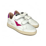 Sneakers 2B12 in pelle bianca, dettagli in pelle e glitter fuxia con velcri