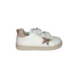 Sneakers primi passi LESCOUCOU in pelle bianca/cipria e glitter rosè con velcri