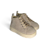 Sneakers primi passi FALCOTTO in suede beige chiaro con lacci oro e zip laterale