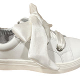 CIAO BIMBI SNEAKERS in pelle bianca, tallone con strass, lacci in raso e zip laterale