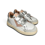 Sneakers 2B12 in pelle bianca, dettagli in pelle argento, rosa e zebra con velcri