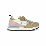 Sneakers ginniche SUN68 kid girl in suede e nylon beige/dettagli rosa con velcro e lacci elastici
