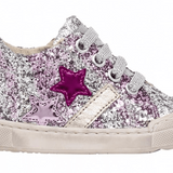 SNEAKERS PRIMI PASSI FALCOTTO in pelle glitterata argento e fuxia con lacci e zip laterale
