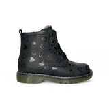 Anfibio BALOCCHI in pelle nera con stampa cuoricini, lacci e zip interna