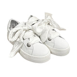 CIAO BIMBI SNEAKERS in pelle bianca, tallone con strass, lacci in raso e zip laterale